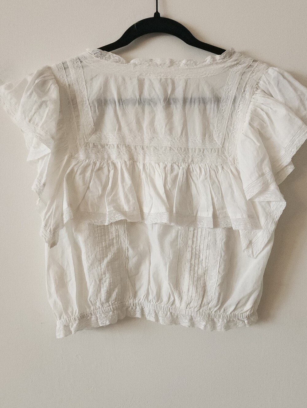 LOVESHACKFANCY Nora  100% Cotton Voile Ruffle Flutter Sleeve Lace Trim Blouse - Picture 5 of 6
